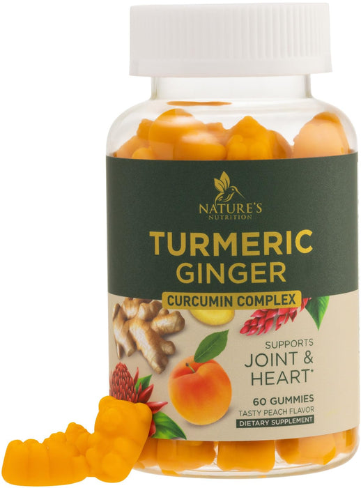 Turmeric Curcumin with Black Pepper Extract & Ginger Gummies, High Absorption Potent 95% Curcuminoids Turmeric Supplement, Nature's Tumeric Curcuma Gummy Pills, Joint Support Capsules