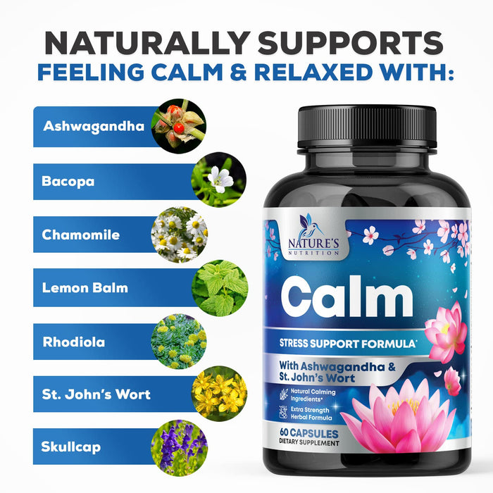 Nature's Nutrition Calm & Stress Support Supplement - with Magnesium, Ashwagandha, 5-HTP, L-Theanine, GABA - Natural Stress & Immune Support to Relax, Focus, Unwind - Vegan & Non-GMO