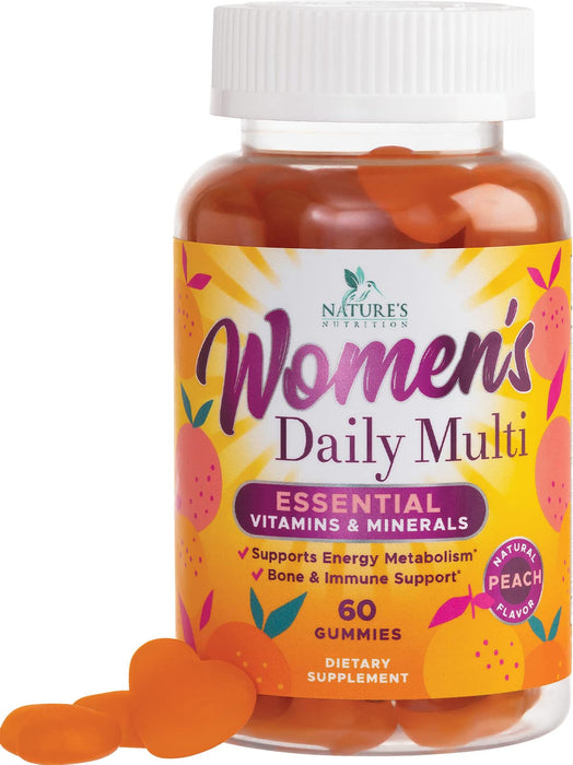Womens Multivitamin Gummies, Daily Multi Vitamin Gummy for Women with Vitamins A, C, D, E, B-6, B-12, Biotin, Folic Acid, Calcium, & Zinc, Nature's Immune Health Support, Peach Flavored