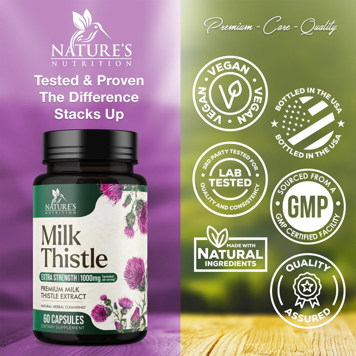 Nature's Milk Thistle 1000mg - Herbal Liver Supplement - Best Milk Thistle Liver Cleanse Detox & Repair Formula with Dandelion Root Extract & Silymarin Marianum, Supports Liver Health