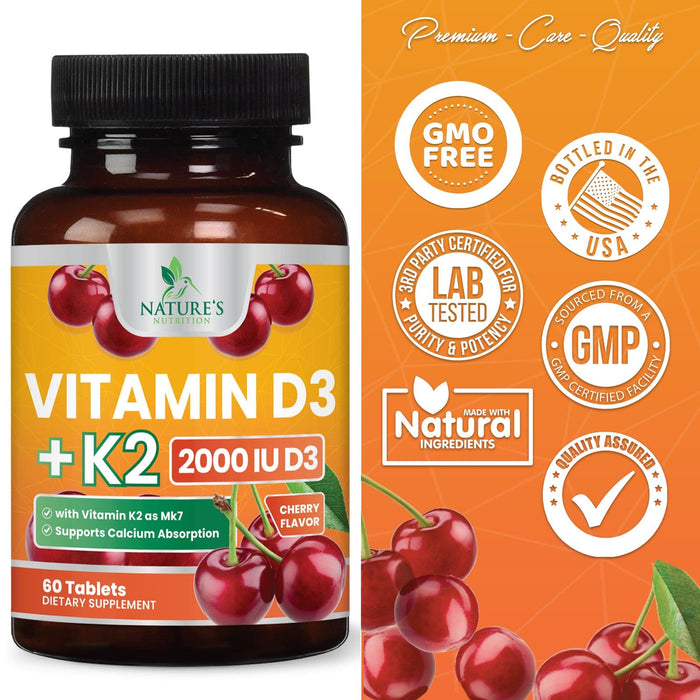 Vitamin D3 K2, Max Absorption 2000 IU (50 mcg) Vitamin D K2 MK-7 Complex for Bone Strength, Teeth, Muscle, Heart & Immune Health Support, Nature's Supplements, Easy to Swallow