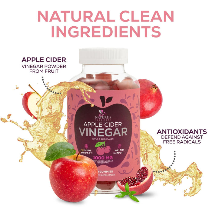 Nature's Nutrition - Vegan Apple Cider Vinegar Gummies 1000mg for Detox Cleanse - Natural Digestion & Immune Health Support, Vitamins B12, Folic Acid, ACV Gummy Supplement