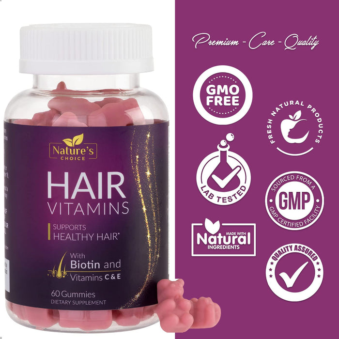 Hair Vitamins Gummies with Biotin 5000 mcg Vitamin E & C Support Hair Growth Gummy, Premium Vegetarian Non-GMO, for Stronger, Beautiful Hair, Skin & Nails, Biotin Gummies Supplement - 60 Gummy Bears