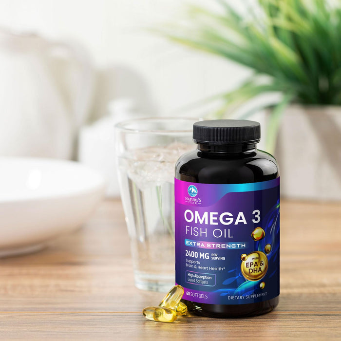 Triple Strength Omega 3 Fish Oil 2400 mg Softgels, Nature's Fish Oil Supplements, Brain & Heart Health Support - EPA & DHA, 1200 MG Fish Oil in Each Softgel, Omega-3 Supplement Softgels