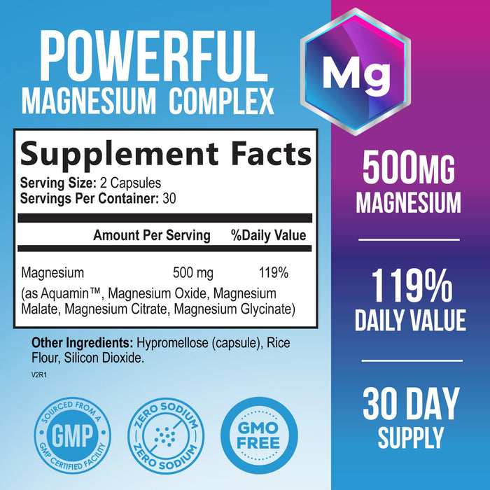 Magnesium Complex 500mg with Glycinate, Malate, Citrate, Oxide - High Absorption Chelated Magnesium Capsules - Dietary Supplement for Muscle, Heart, Bone Support