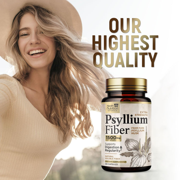 Fiber Supplement Psyllium Husk Caps 1500mg - Plant Based, High Absorption, Natural Soluble Fiber Supplements Non-GMO, Gluten Free Digestive Health & Intestinal Support, Psyllium Fiber - 120 Capsules