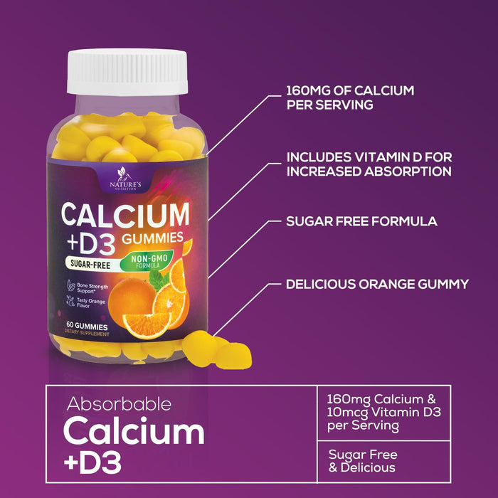 Sugar Free Calcium Gummy Bites Plus 400 IU Vitamin D3, Bone Health & Immune Support, Supports Bone Strength - Chewable Calcium Nutrition Supplement, Non-GMO, Berry Flavor Chews