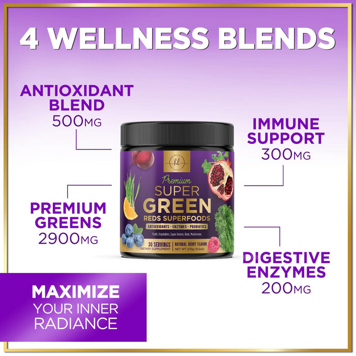 Hello Lovely! Super Greens Powder - Green Blend Drink Smoothie Mix for Energy Support with Superfood Spirulina, Chlorella & Antioxidants, Digestive Enzymes, Vegan, Non-GMO Greens Powder - 30 Servings