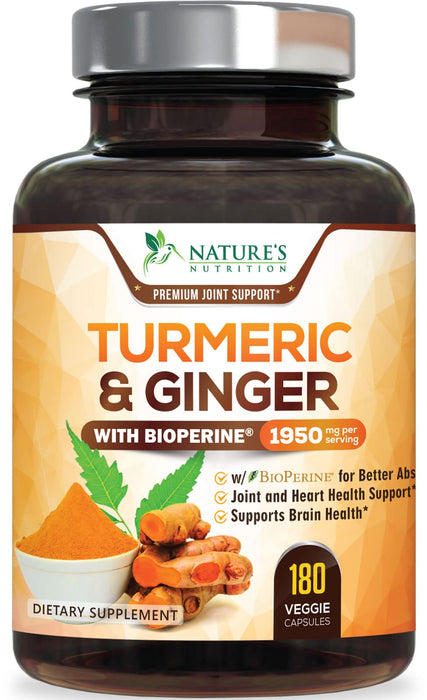 Turmeric Curcumin with BioPerine & Ginger 95% Standardized Curcuminoids 1950mg Black Pepper for Max Absorption Joint Support, Nature's Tumeric Herbal Extract Supplement, Vegan, Non-GMO