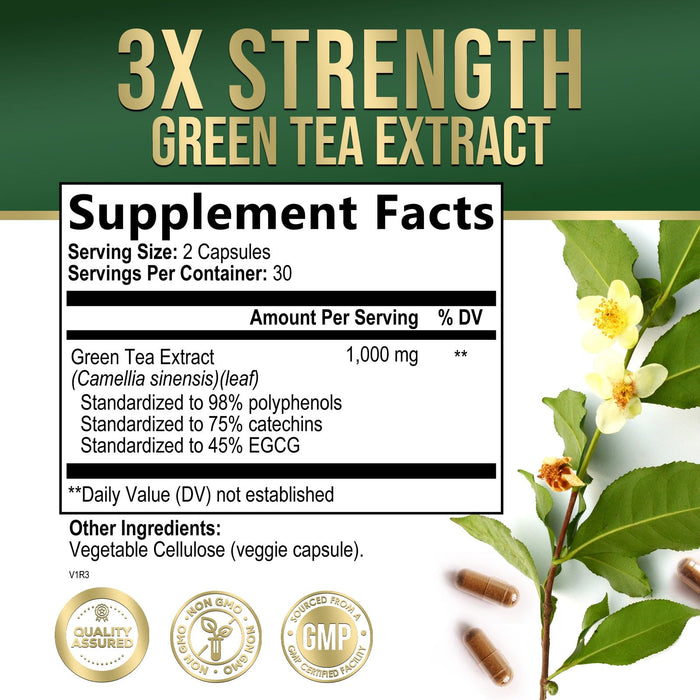 Green Tea Extract Weight Loss Pills 1000mg 98% Standardized EGCG - 3X Strength for Natural Energy - Supports Heart Antioxidant Health with Polyphenols, Vegan Herbal Supplement, Non-GMO