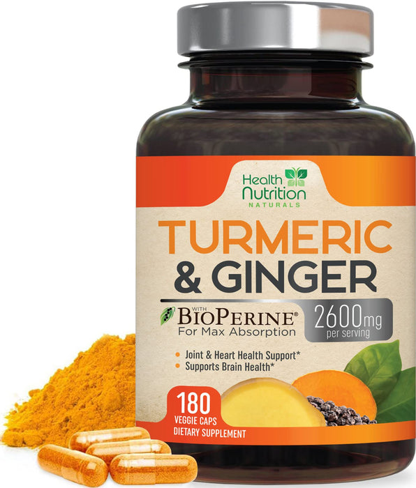 Health Nutrition Turmeric Curcumin 2600mg with Ginger & Black Pepper - 95% Standardized Curcuminoids, BioPerine for Max Absorption, Herbal Supplement for Joint Support, Tumeric Extract