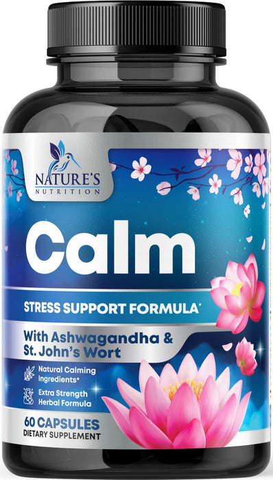 Nature's Nutrition Calm & Stress Support Supplement - with Magnesium, Ashwagandha, 5-HTP, L-Theanine, GABA - Natural Stress & Immune Support to Relax, Focus, Unwind - Vegan & Non-GMO