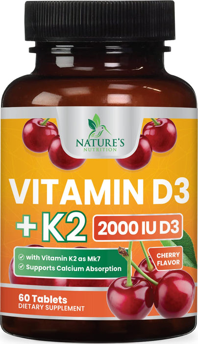 Vitamin D3 K2, Max Absorption 2000 IU (50 mcg) Vitamin D K2 MK-7 Complex for Bone Strength, Teeth, Muscle, Heart & Immune Health Support, Nature's Supplements, Easy to Swallow