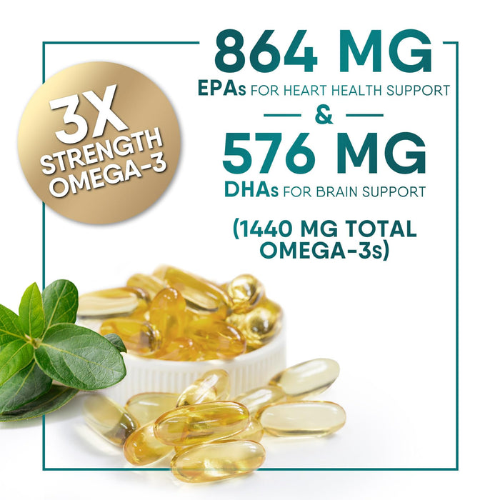 Triple Strength Omega 3 Fish Oil 2400 mg Softgels, Nature's Fish Oil Supplements, Brain & Heart Health Support - EPA & DHA, 1200 MG Fish Oil in Each Softgel, Omega-3 Supplement Softgels