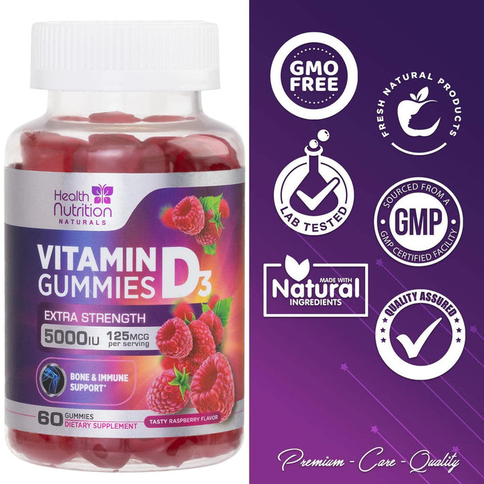 Vitamin D3 Gummy Extra Strength 5000 IU (125 mcg) High Potency Dietary Supplement for Bone, Teeth, Muscle & Immune Health Support, Nature's Vitamin D Supplement, Non-GMO