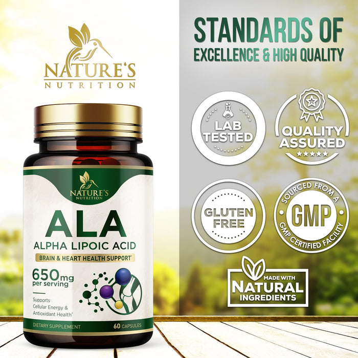 Alpha Lipoic Acid 600mg Plus - Pure ALA Supplement Non-GMO & Gluten Free, Supports Cellular Energy & Antioxidant Health, Extra Strength Lipoic Acid 650mg, Brain & Heart Support - 60 Capsules