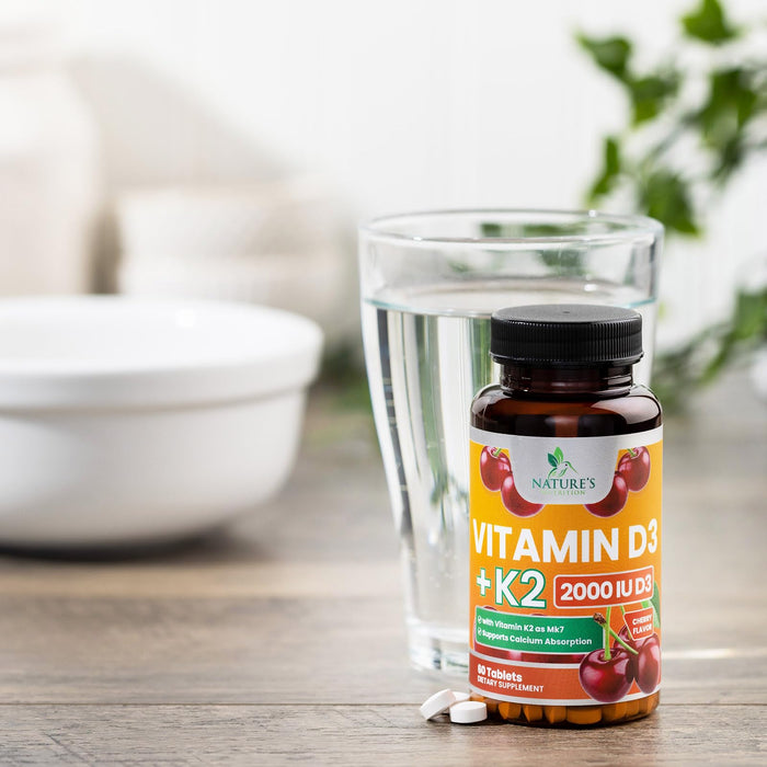 Vitamin D3 K2, Max Absorption 2000 IU (50 mcg) Vitamin D K2 MK-7 Complex for Bone Strength, Teeth, Muscle, Heart & Immune Health Support, Nature's Supplements, Easy to Swallow