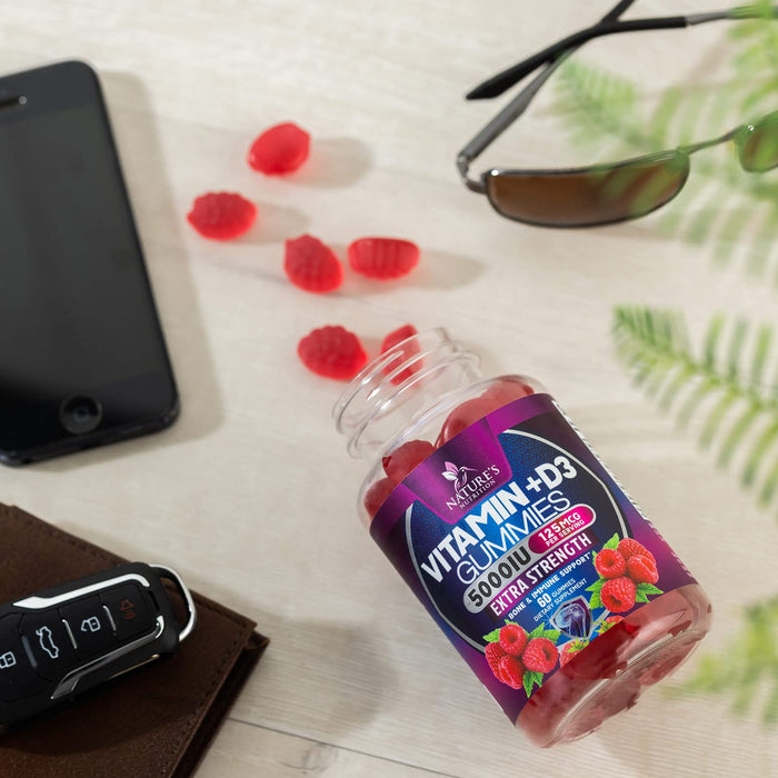 Vitamin D3 Gummies 5,000 IU Extra Strength 125 mcg D3 Supplement Gummy - Support Natural Bone, Muscle, & Immune Health - Gluten Free - Non-GMO - Nature's Raspberry Flavor