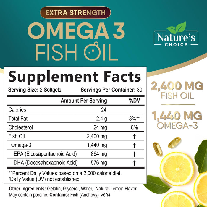 Triple Strength Omega 3 Fish Oil 2400 mg Softgels, Nature's Fish Oil Supplements, Brain & Heart Health Support - EPA & DHA, 1200 MG Fish Oil in Each Softgel, Omega-3 Supplement Softgels