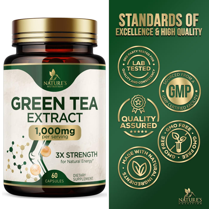 Green Tea Extract Weight Loss Pills 1000mg 98% Standardized EGCG - 3X Strength for Natural Energy - Supports Heart Antioxidant Health with Polyphenols, Vegan Herbal Supplement, Non-GMO