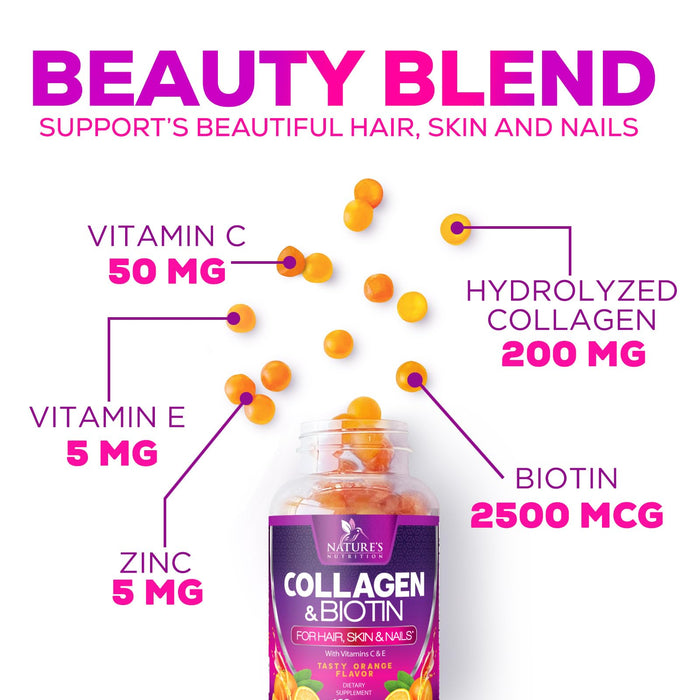 Collagen & Biotin Hair Vitamin Gummies - Extra Strength for Healthy Hair, Skin & Nails Growth Support - Collagen Peptides Gummy Supplement with Vitamins C & E - Orange Flavored, Non-GMO