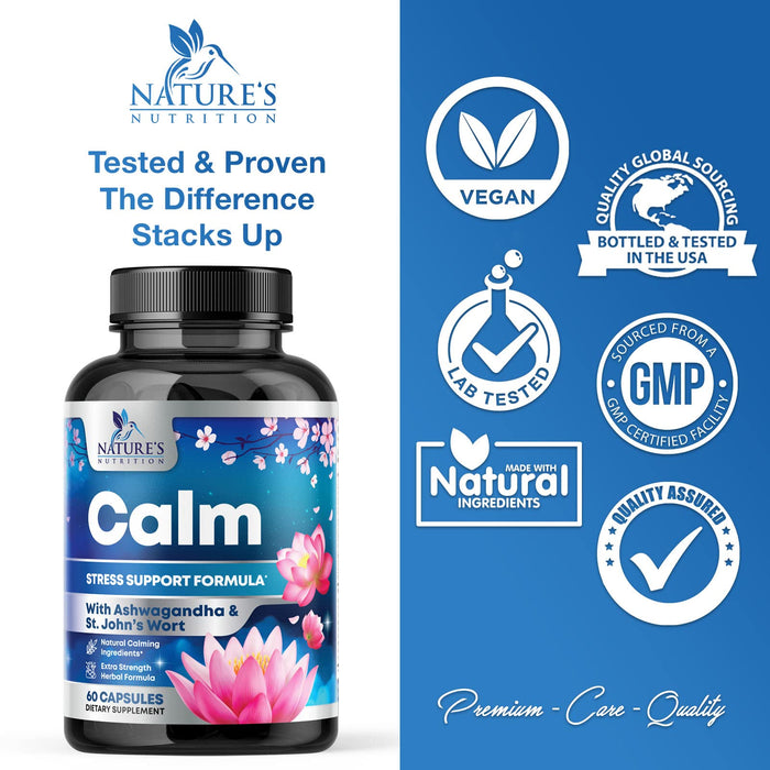 Nature's Nutrition Calm & Stress Support Supplement - with Magnesium, Ashwagandha, 5-HTP, L-Theanine, GABA - Natural Stress & Immune Support to Relax, Focus, Unwind - Vegan & Non-GMO