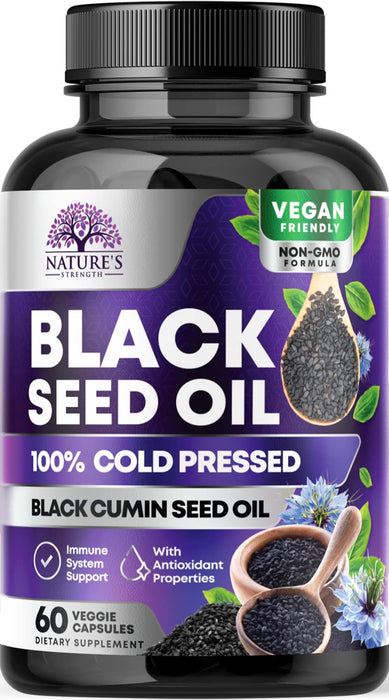 Black Seed Oil - 100% Cold Pressed Blackseed Oil, Vegan 1000mg - Extra Strength Nigella Sativa for Joint, Hair, Skin & Immune Support, Pure Black Cumin Seed Oil Antioxidant, Non-GMO - 60 Capsules