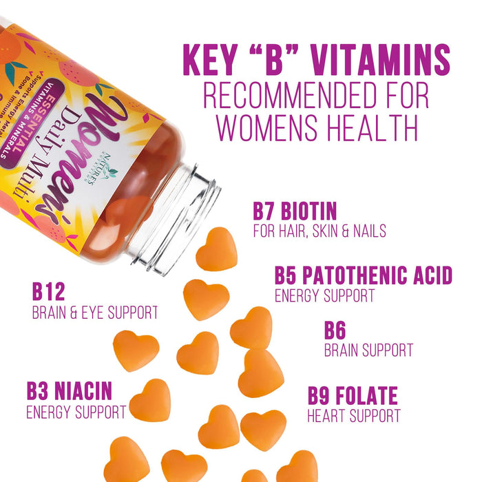 Womens Multivitamin Gummies, Daily Multi Vitamin Gummy for Women with Vitamins A, C, D, E, B-6, B-12, Biotin, Folic Acid, Calcium, & Zinc, Nature's Immune Health Support, Peach Flavored
