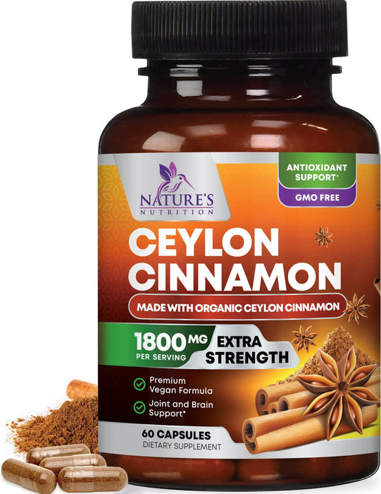 Pure Cinnamon Capsules, Certified Organic Ceylon Cinnamon Pills, Non-GMO, Gluten-Free, Dairy-Free, Sri Lanka Cinnamon Powder Supplement, Best Vegan True Cinnamomum Vitamins, Sugar Free