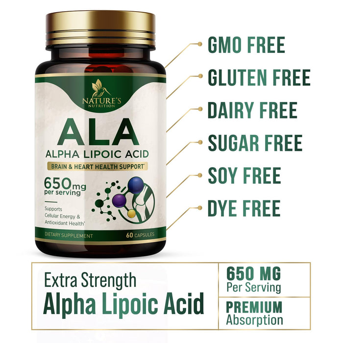 Alpha Lipoic Acid 600mg Plus - Pure ALA Supplement Non-GMO & Gluten Free, Supports Cellular Energy & Antioxidant Health, Extra Strength Lipoic Acid 650mg, Brain & Heart Support - 60 Capsules