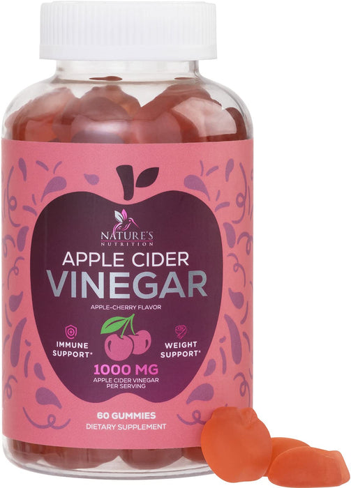 Nature's Nutrition - Vegan Apple Cider Vinegar Gummies 1000mg for Detox Cleanse - Natural Digestion & Immune Health Support, Vitamins B12, Folic Acid, ACV Gummy Supplement
