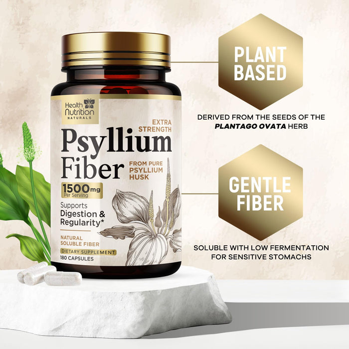 Fiber Supplement Psyllium Husk Caps 1500mg - Plant Based, High Absorption, Natural Soluble Fiber Supplements Non-GMO, Gluten Free Digestive Health & Intestinal Support, Psyllium Fiber - 180 Capsules