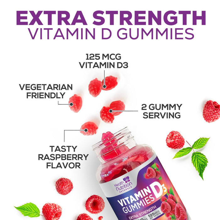 Vitamin D3 Gummy Extra Strength 5000 IU (125 mcg) High Potency Dietary Supplement for Bone, Teeth, Muscle & Immune Health Support, Nature's Vitamin D Supplement, Non-GMO