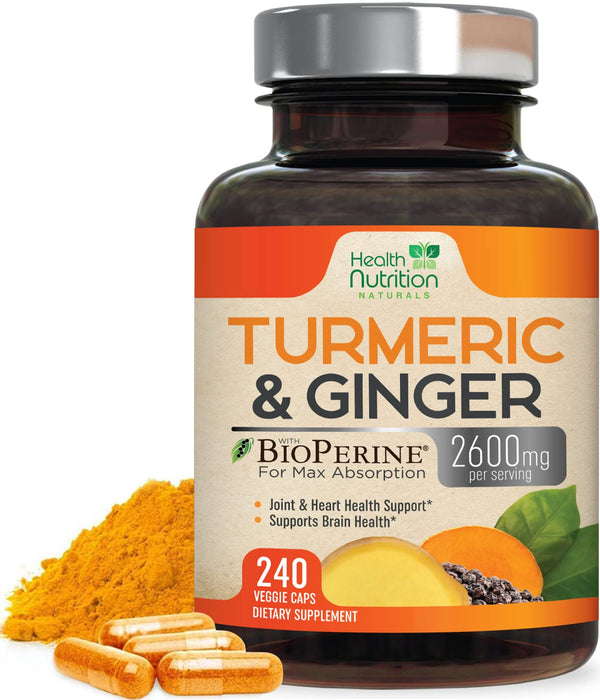 Health Nutrition Turmeric Curcumin 2600mg with Ginger & Black Pepper - 95% Standardized Curcuminoids, BioPerine for Max Absorption, Herbal Supplement for Joint Support, Tumeric Extract