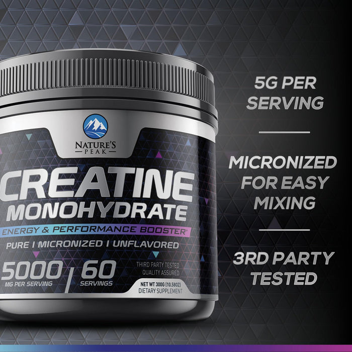 Pure Creatine 5000mg (5g) - Micronized Creatine Monohydrate Powder Unflavored, Keto Friendly - Creatine Pre Workout, Supports Muscle Building & Strength, Vegan, Keto, Gluten-Free - 60 Servings
