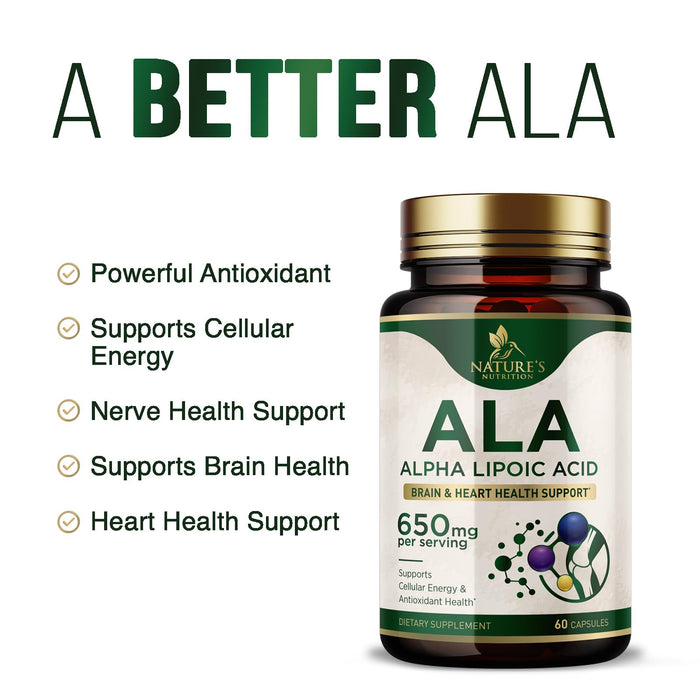 Alpha Lipoic Acid 600mg Plus - Pure ALA Supplement Non-GMO & Gluten Free, Supports Cellular Energy & Antioxidant Health, Extra Strength Lipoic Acid 650mg, Brain & Heart Support - 60 Capsules