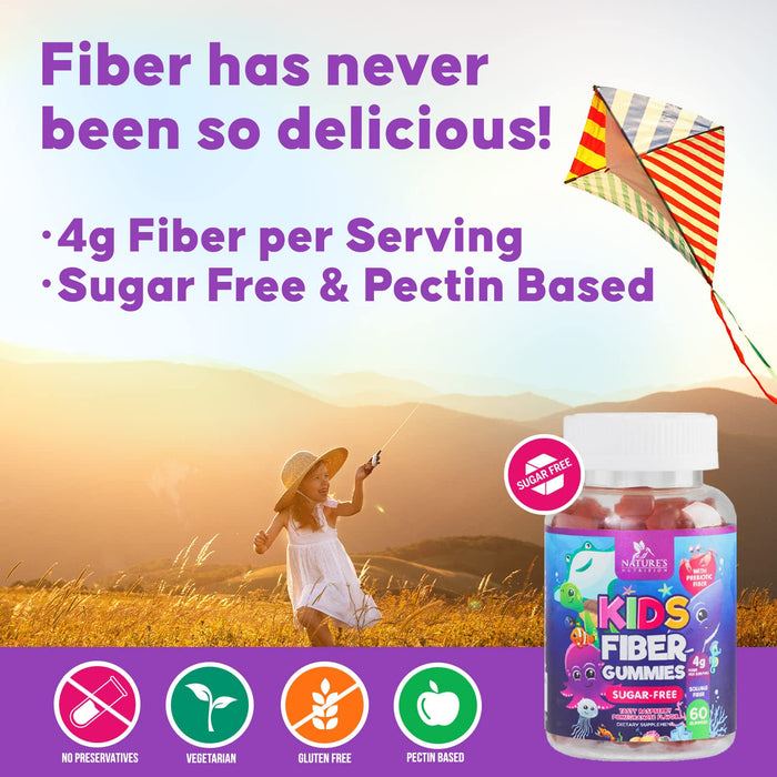 Kids Fiber Gummy Bears Supplement - Sugar Free Daily Prebiotic Fiber for Kids, Supports Regularity, Digestive Health & Immune Support - Nature's Plant Based Vitamins, Vegan, Berry Flavor - 60 Gummies