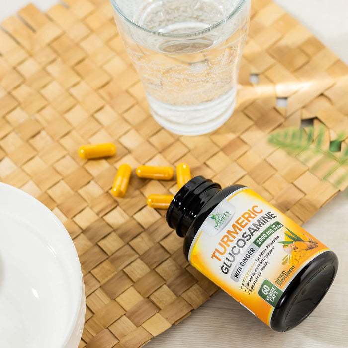 Turmeric Curcumin with BioPerine, Ginger & Glucosamine 95% Curcuminoids 2000mg Black Pepper for Max Absorption Joint Support, Nature's Tumeric Herbal Extract Supplement, Vegan, Non-GMO