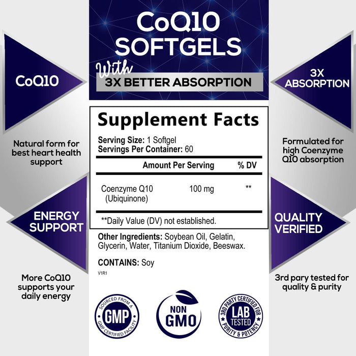 CoQ10 100mg Softgels - Powerful CoQ10 100 mg - Superior Absorption - Antioxidant for Heart Health Support & Energy Production - Coenzyme Q10 Vitamins & Supplements - 2 Month Supply - 60 Softgels