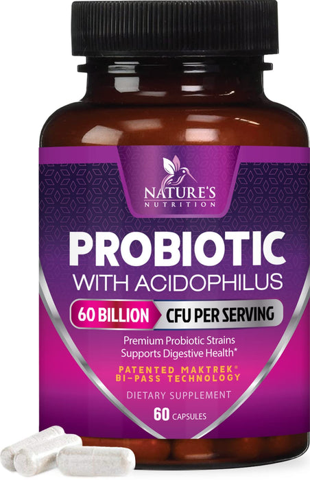 Probiotics, 60 Billion CFU per Serving, Probiotic with Prebiotics for Digestive & Immune Health Support for Women & Men - Nature's Supplement is Shelf Stable, Soy, Dairy & Gluten Free