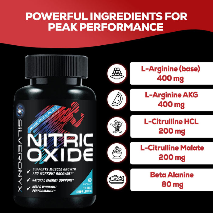 SILVERONYX Extra Strength Nitric Oxide Supplement L Arginine 1300mg - Citrulline Malate, AAKG, Beta Alanine - Premium Muscle Building Nitric Booster for Strength & Energy to Train Harder
