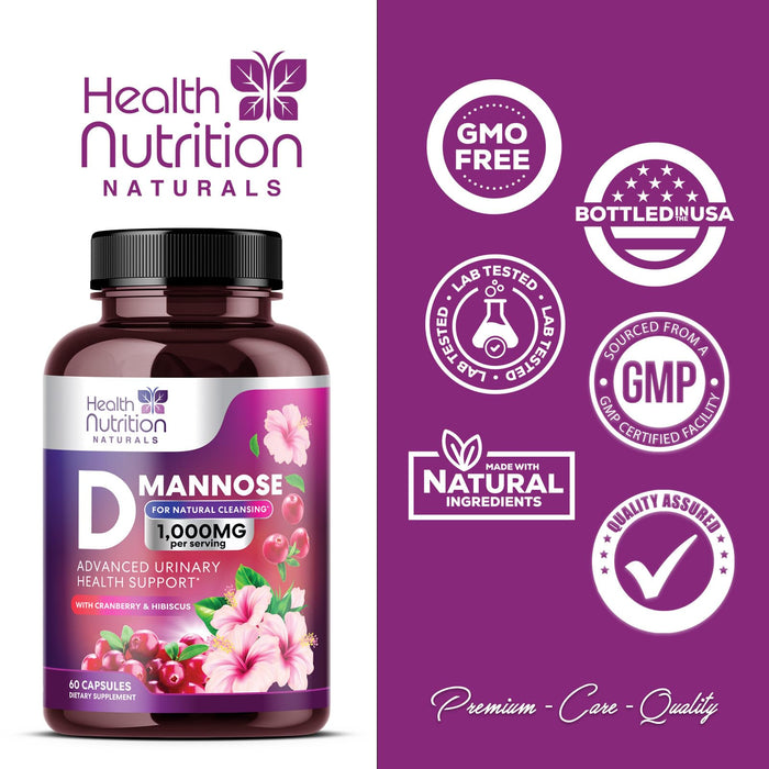 D-Mannose & Cranberry Extract 1350mg, Fast-Acting to Support Natural Urinary Tract Health for Women & Men, Non-GMO & Vegan, Flush & Cleanse Impurities in Urinary Tract & Bladder