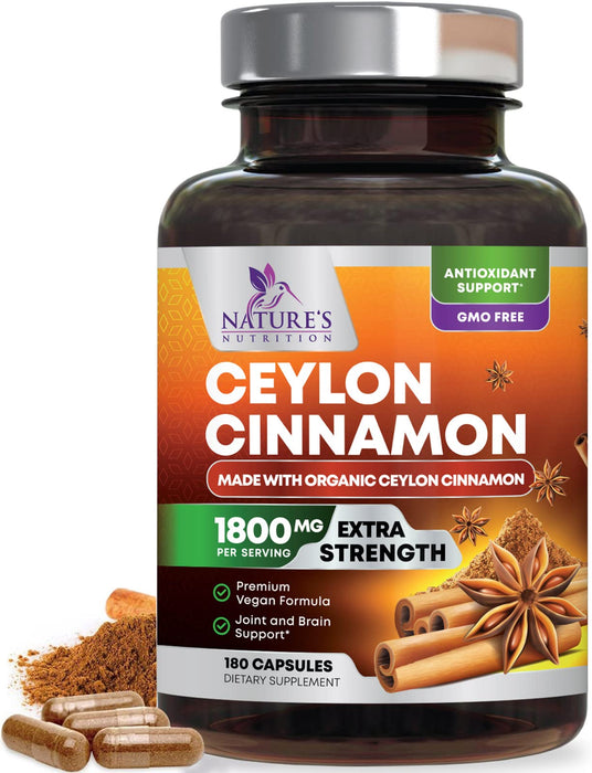 Pure Cinnamon Capsules, Certified Organic Ceylon Cinnamon Pills, Non-GMO, Gluten-Free, Dairy-Free, Sri Lanka Cinnamon Powder Supplement, Best Vegan True Cinnamomum Vitamins, Sugar Free