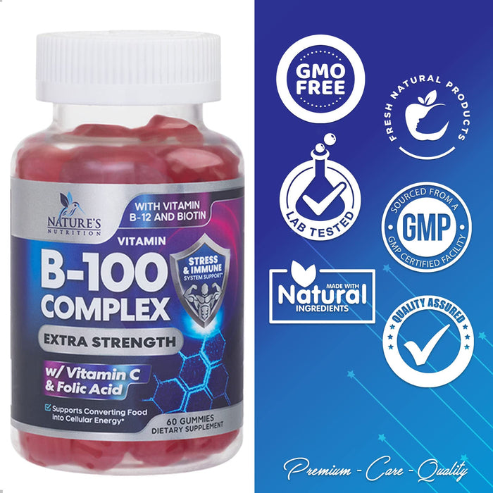 Nature's Nutrition - Nature’s Super B Complex Gummy with Vitamin C & Folic Acid, Extra Strength Vitamin B Supplement Complex with Niacin, B6, Folic Acid, B12, Biotin