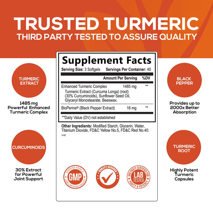 Turmeric Curcumin with BioPerine 95% Standardized Curcuminoids 1500mg Black Pepper Extract for Max Absorption, Premium Joint Support, Nature's Tumeric Herbal Supplement, Non-GMO, Vegan - 120 Softgels
