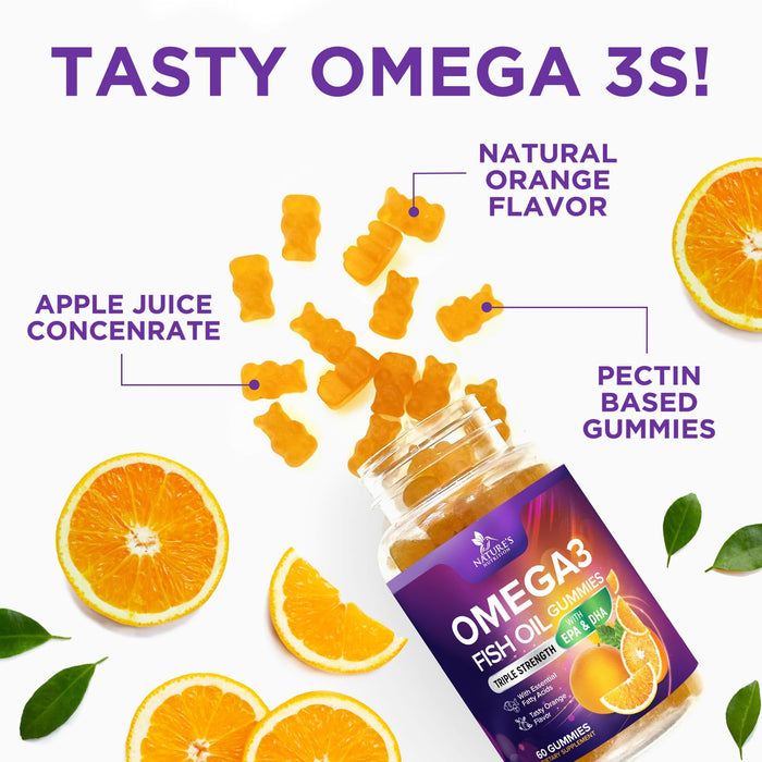 Omega 3 Fish Oil Gummies for Adults, Heart Healthy Omega 3 Supplement Gummies with DHA & EPA, Extra Strength Joint & Brain Support Omega3 Fish Oil Gummy Vitamin, Orange Flavor - 60 Fish Oil Gummies