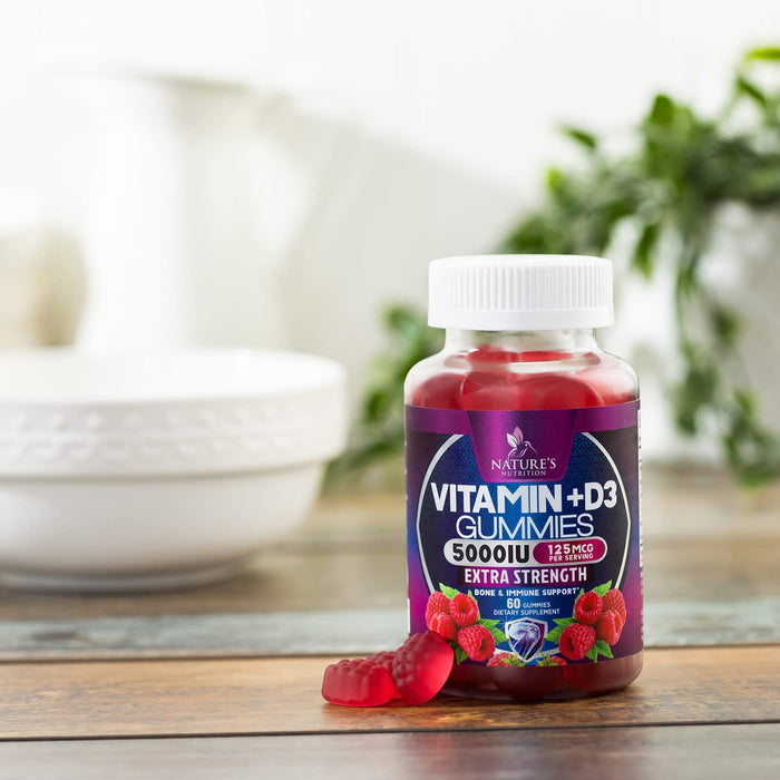 Vitamin D3 Gummies 5,000 IU Extra Strength 125 mcg D3 Supplement Gummy - Support Natural Bone, Muscle, & Immune Health - Gluten Free - Non-GMO - Nature's Raspberry Flavor