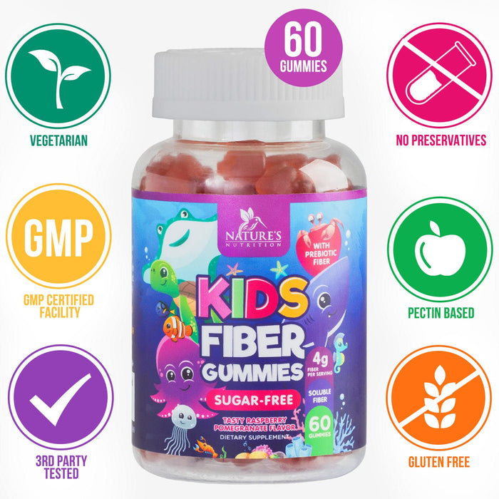 Kids Fiber Gummy Bears Supplement - Sugar Free Daily Prebiotic Fiber for Kids, Supports Regularity, Digestive Health & Immune Support - Nature's Plant Based Vitamins, Vegan, Berry Flavor - 60 Gummies