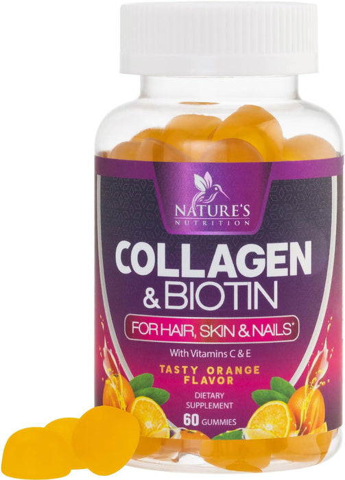 Collagen & Biotin Hair Vitamin Gummies - Extra Strength for Healthy Hair, Skin & Nails Growth Support - Collagen Peptides Gummy Supplement with Vitamins C & E - Orange Flavored, Non-GMO