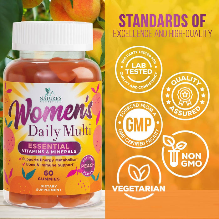 Womens Multivitamin Gummies, Daily Multi Vitamin Gummy for Women with Vitamins A, C, D, E, B-6, B-12, Biotin, Folic Acid, Calcium, & Zinc, Nature's Immune Health Support, Peach Flavored
